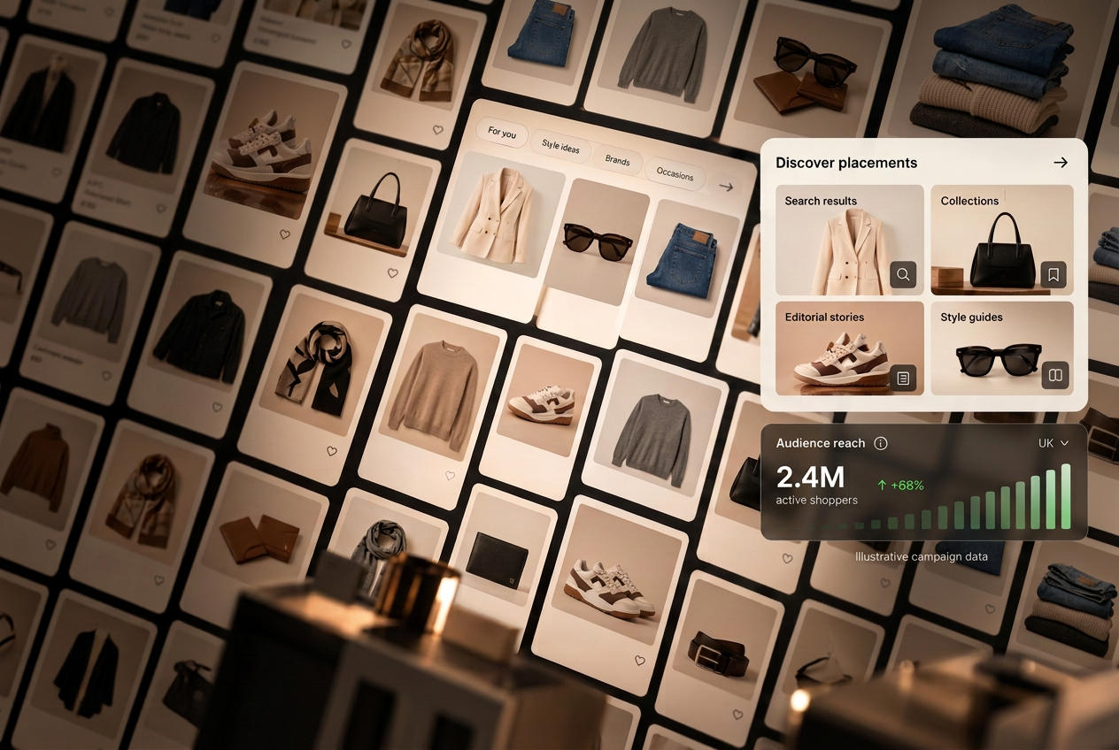 Product-only marketplace discovery board showing example search, collection, editorial and style guide placements