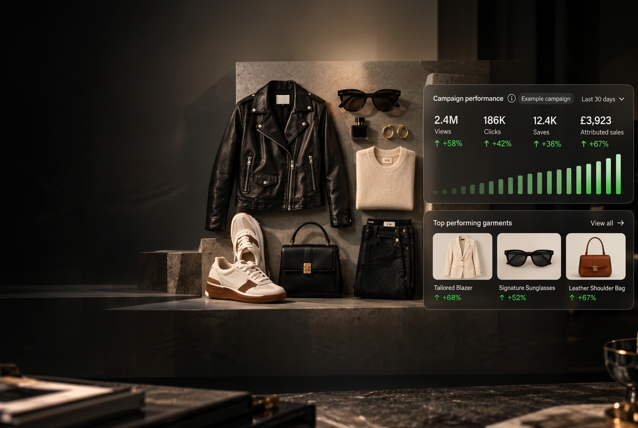 Example fashion campaign with product still lifes and illustrative performance panels