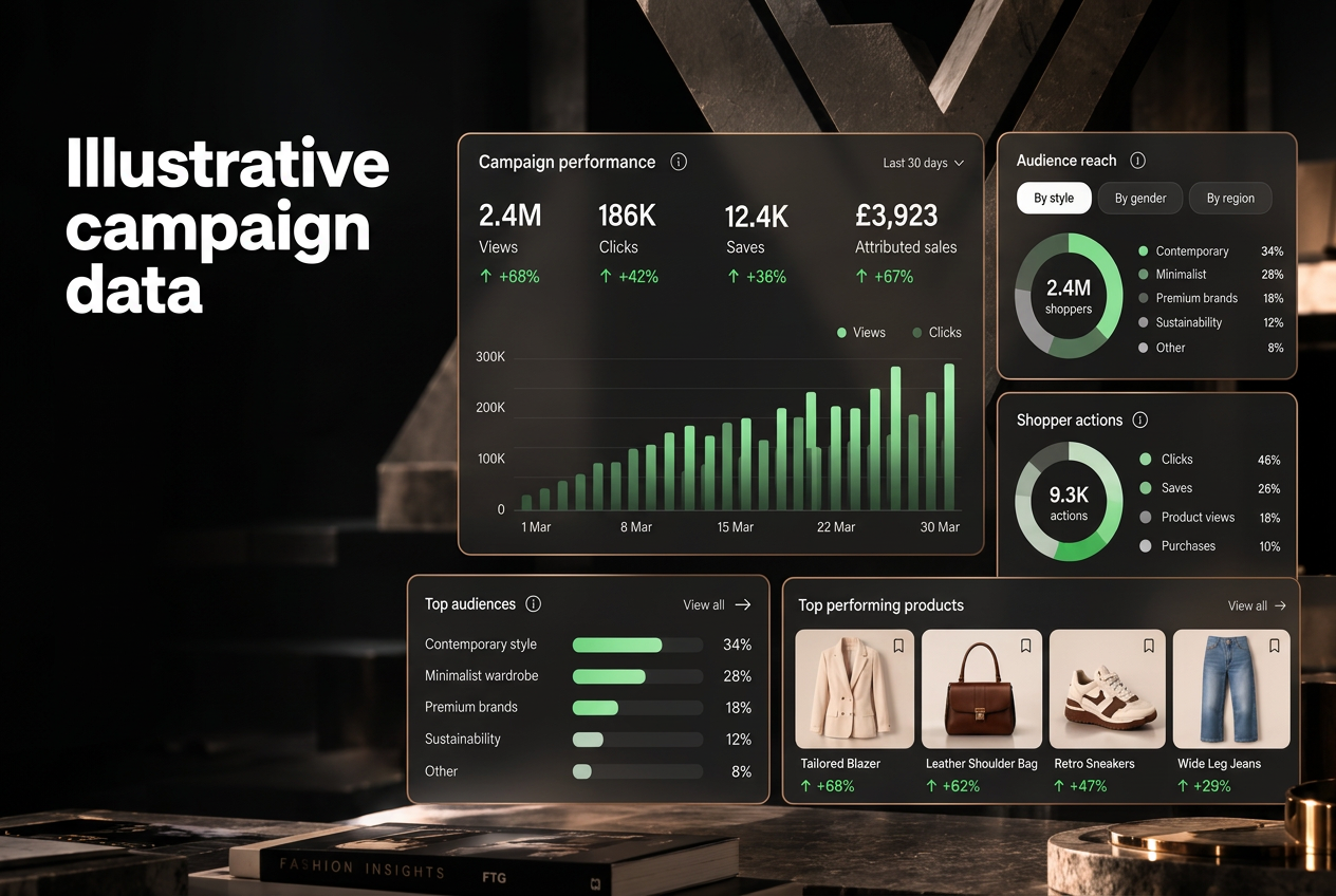 Illustrative campaign performance wall with views, clicks, saves, attributed sales, audience and shopper action charts